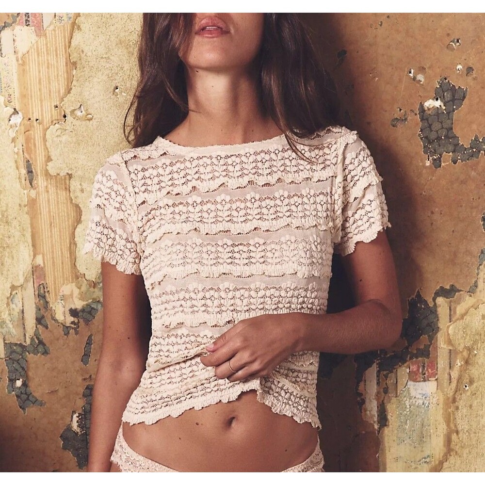 Free People FP One Intimately Angelina Lace Tee Blouse Top Sheer Tea XS 289449